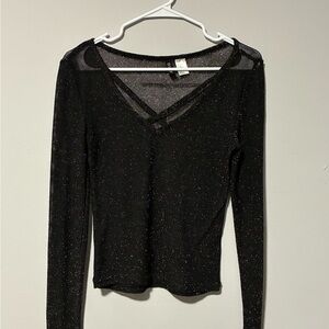 H&M Black Sparkle Sheer V-Neck Long Sleeve Top
